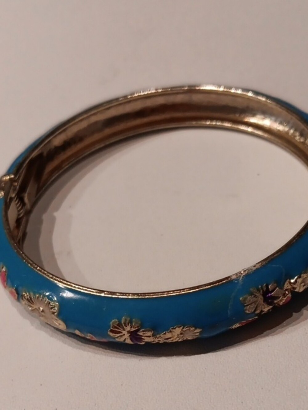 Turquoise Enamel Floral Hinged Bangle Bracelet